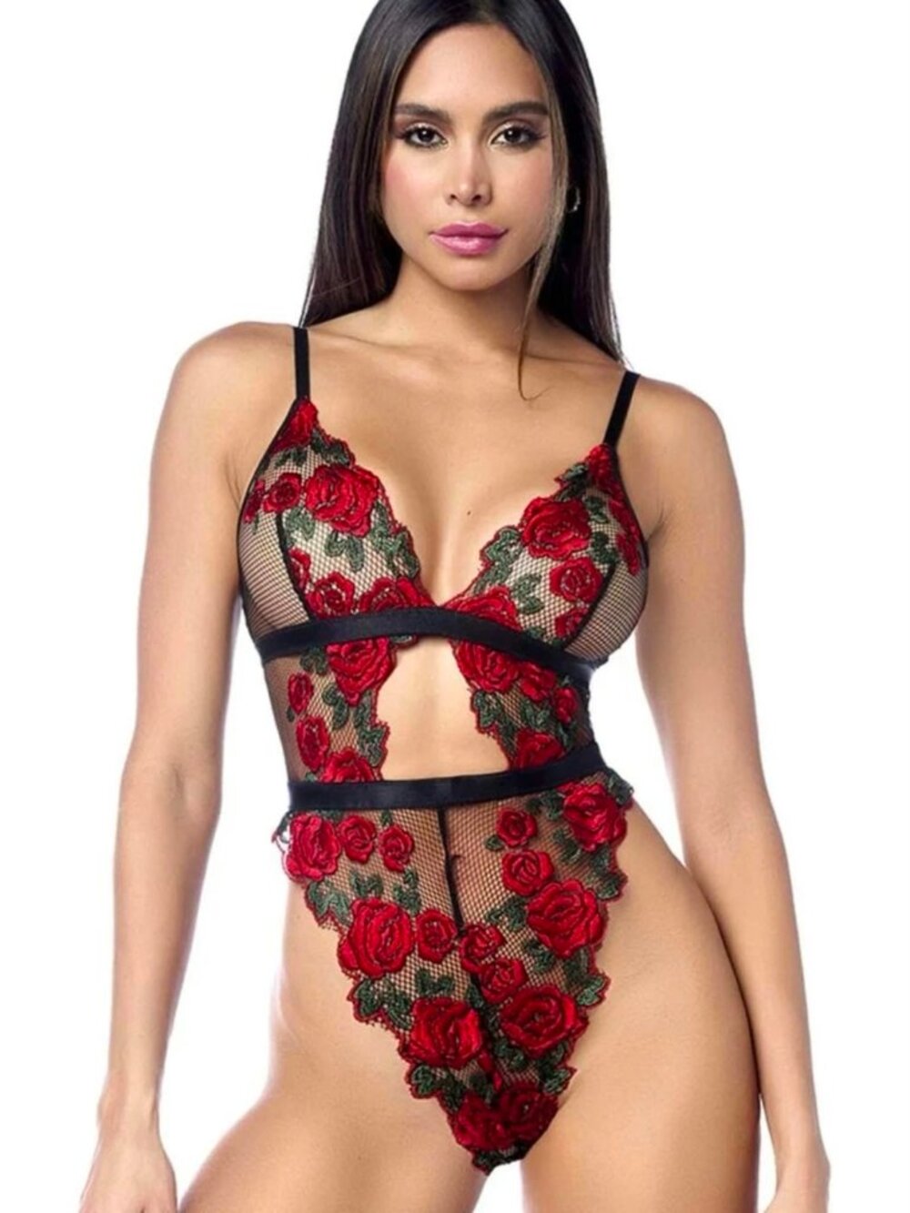 Mapalé Black Red Rose Embroidered Mesh Teddy Lingerie S/M 8961